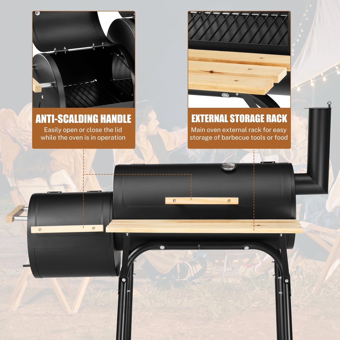 Sesslife 44" Portable Charcoal Grill, with Offset Smoker, Wood Shelf, Thermometer, Wheels, Charcoal BBQ Grill for Outdoor Picnic, Patio, Backyard, Camping, JA1170