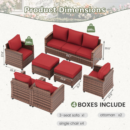 POTEBAN Patio Furniture Set, 7 Pieces Outdoor Sectional Sofa Couch with Chairs, Ottomans and Comfy Cushions, All Weather Wicker Rattan Patio Conversation Set for Garden Backyard Wine Red
