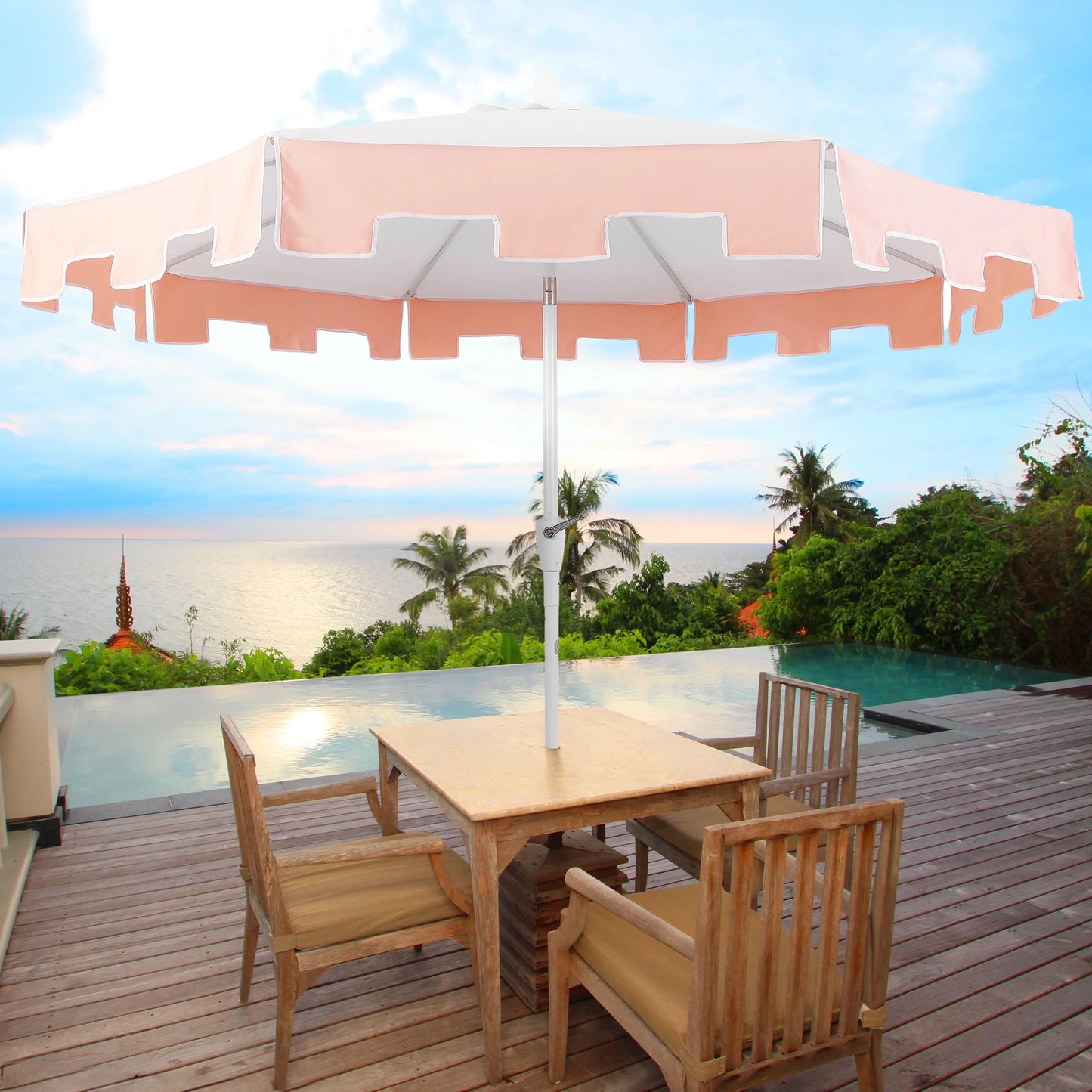 JONATHAN Y Baiona 9 ft. Market Patio Umbrella, Classic Mid-Century with UV Protection, Auto-Tilt, Crank and Wind Vent, White/Coral Pink