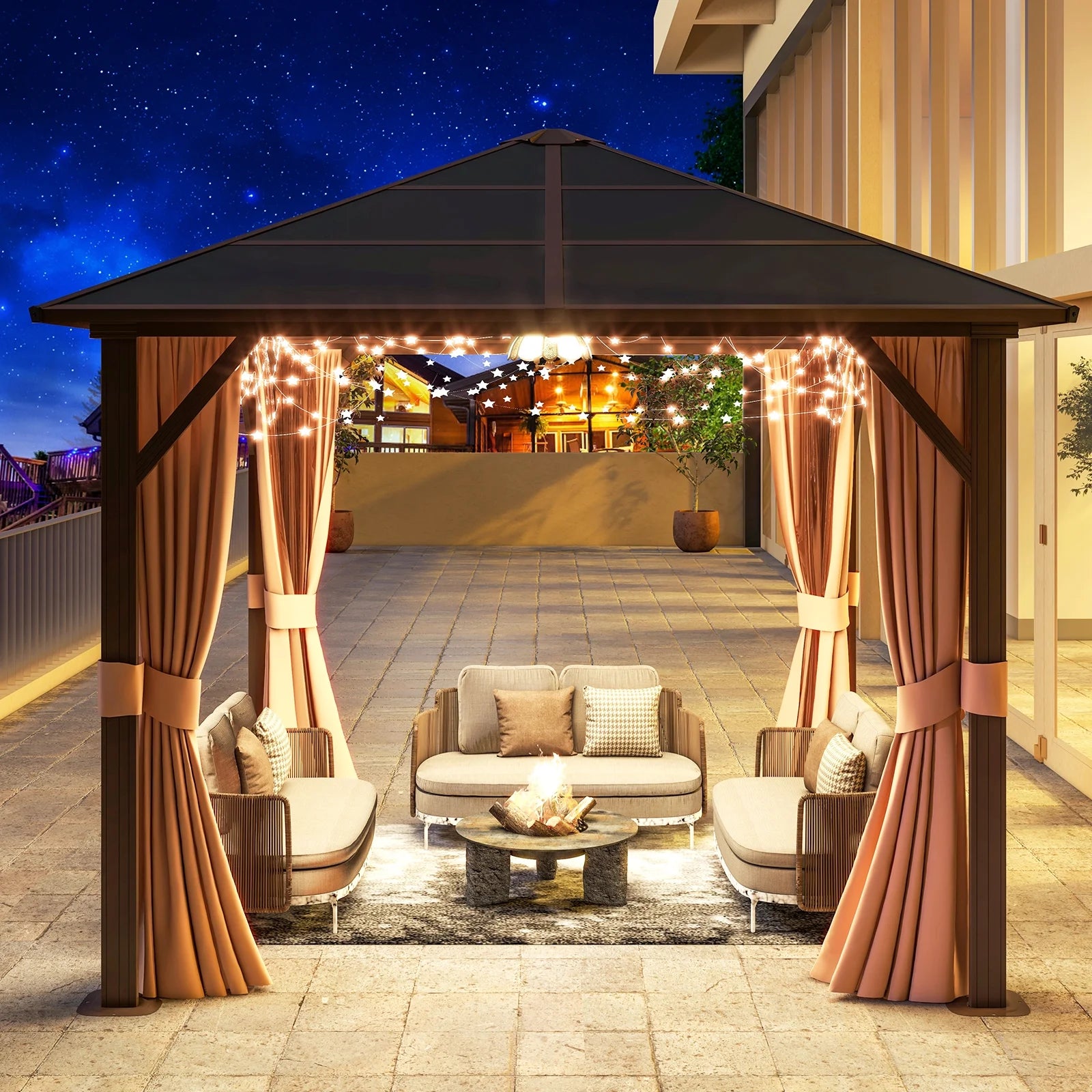 Sunmthink 10x10 Outdoor Hardtop Gazebo, Polycarbonate Single Roof Patio Canopy with Curtains and Netting, Brown