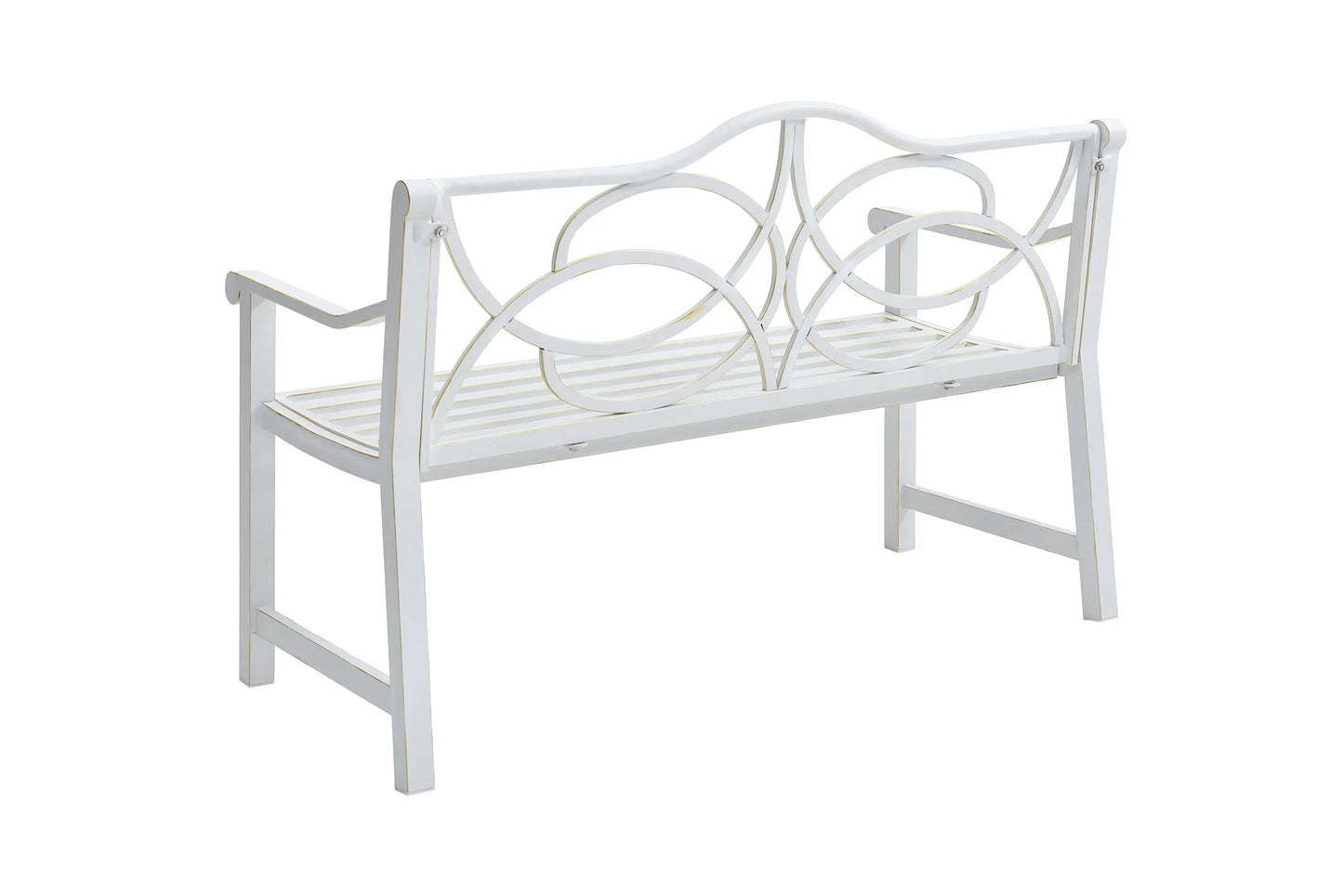 Royard Oaktree Outdoor Patio Bench, Garden Bench with Iron Metal Steel Frame, Backrest, and Armrests, Park Bench with Slatted Seat for 2-3 People for Lawn, Yard, Balcony, Porch, White