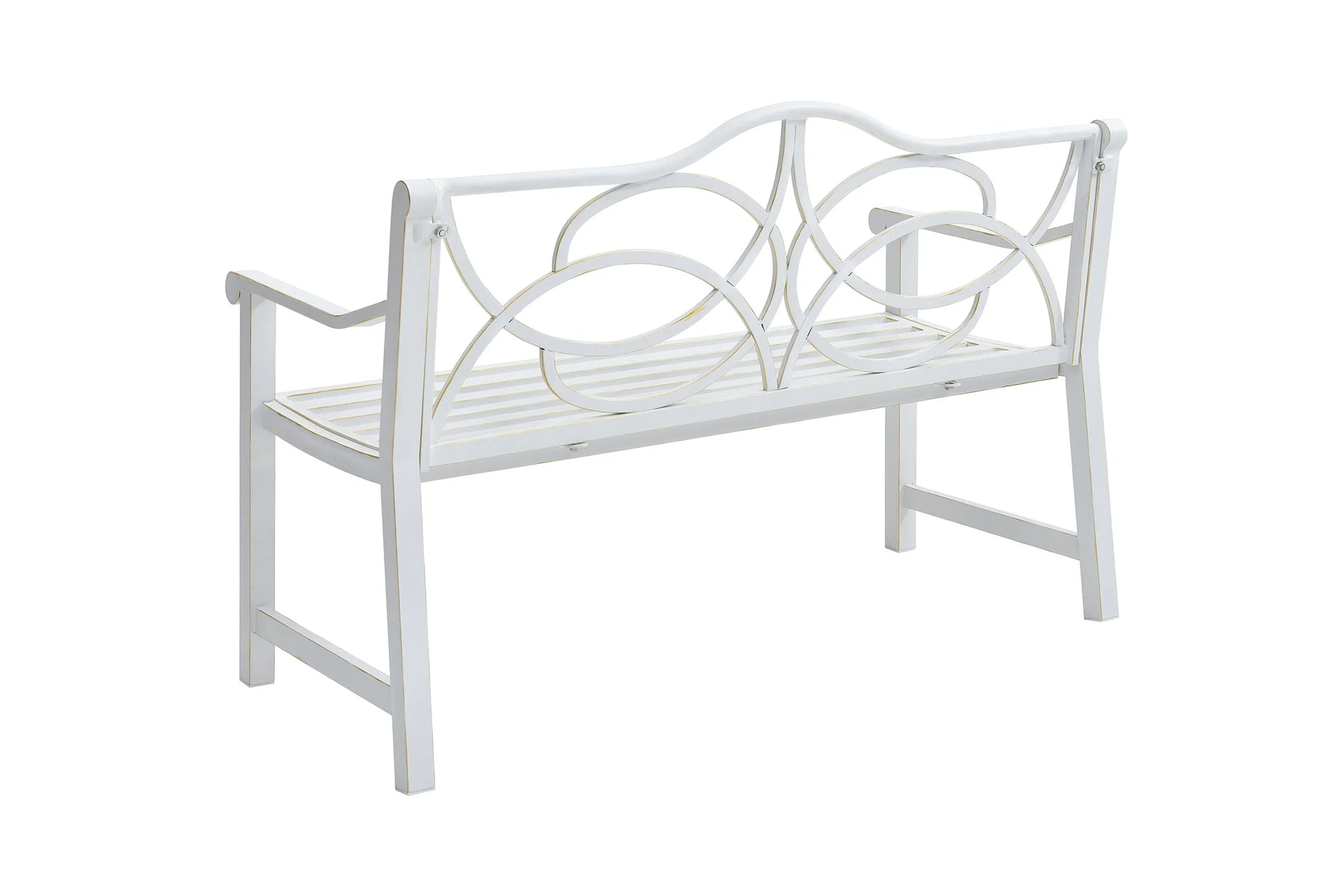 Royard Oaktree Outdoor Patio Bench, Garden Bench with Iron Metal Steel Frame, Backrest, and Armrests, Park Bench with Slatted Seat for 2-3 People for Lawn, Yard, Balcony, Porch, White
