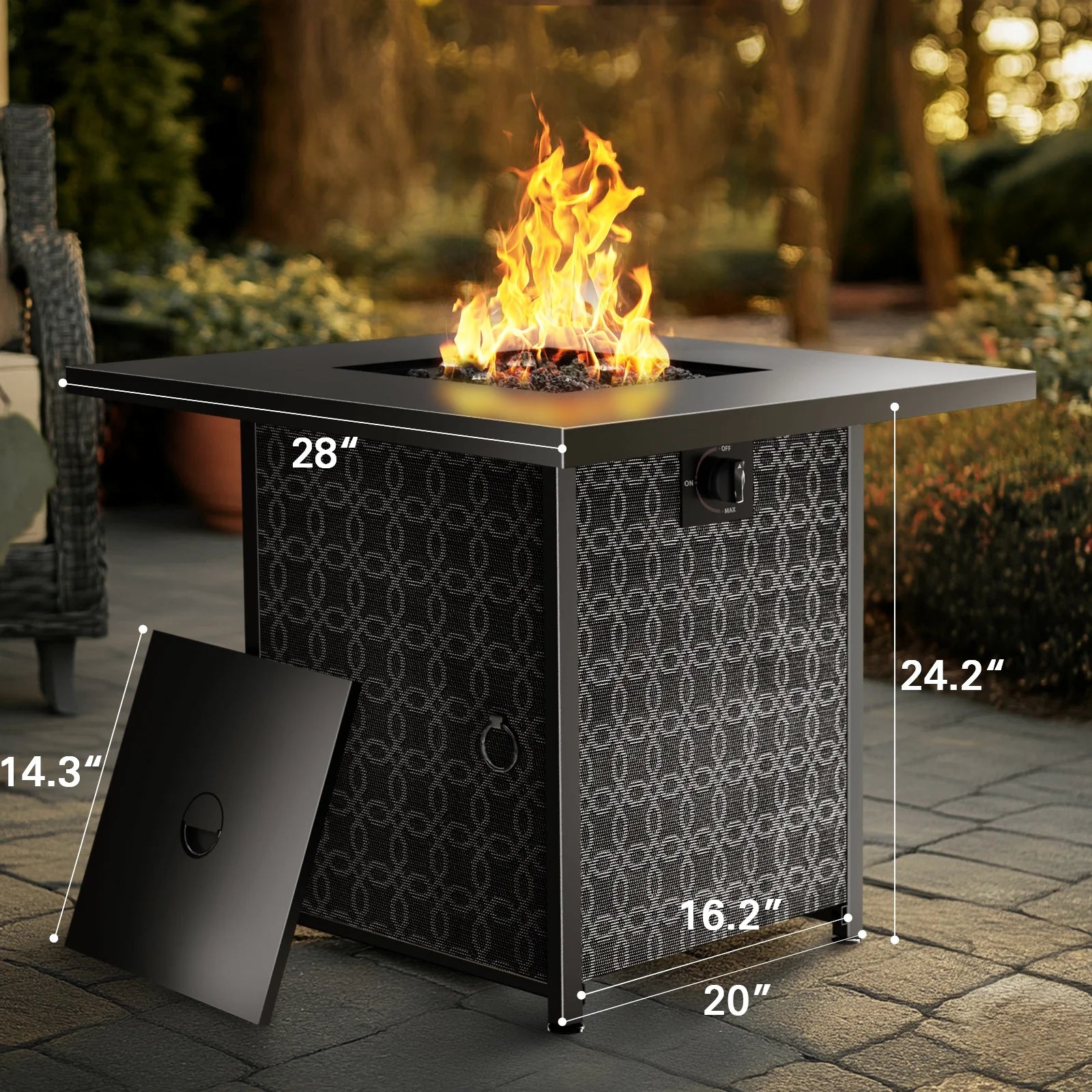Philergo 28" Propane Fire Pit, 50,000 BTU Square Gas Fire Pit Table for Patio Garden Party with Lava Rocks, Removable Lid, CSA-Certified