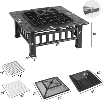 LAZY BUDDY Steel Fire Pits for Outside, 32'' Square Wood Burning Fire Pit Table, Outdoor Patio BBQ Firepit Bonfire Party