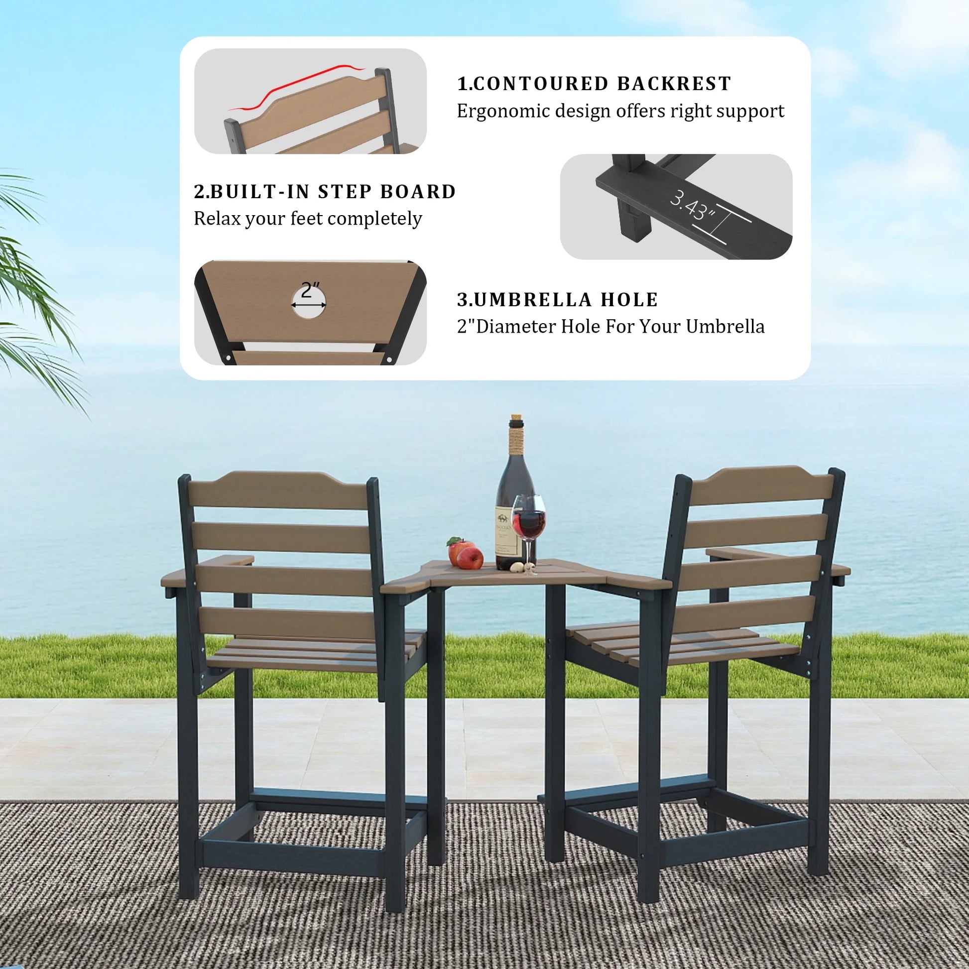 Decksplore Tall Adirondack Chairs Set of 6 with Detachable Connecting Tray, HDPE Bar Height Outdoor Chairs, Wood-Like Adirondack Bar Stools for Patio, Balcony, Porch, Black brown