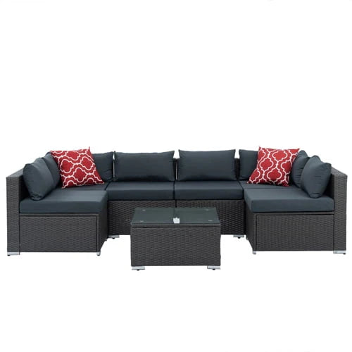 Wicker Patio Sofa Sets, 7 Pieces Outdoor Seating Sets, Lounge Sofa and Tempered Glass Coffee Table, Deck Front Garden Furniture Set, Brown Rattan + Beige Cushion