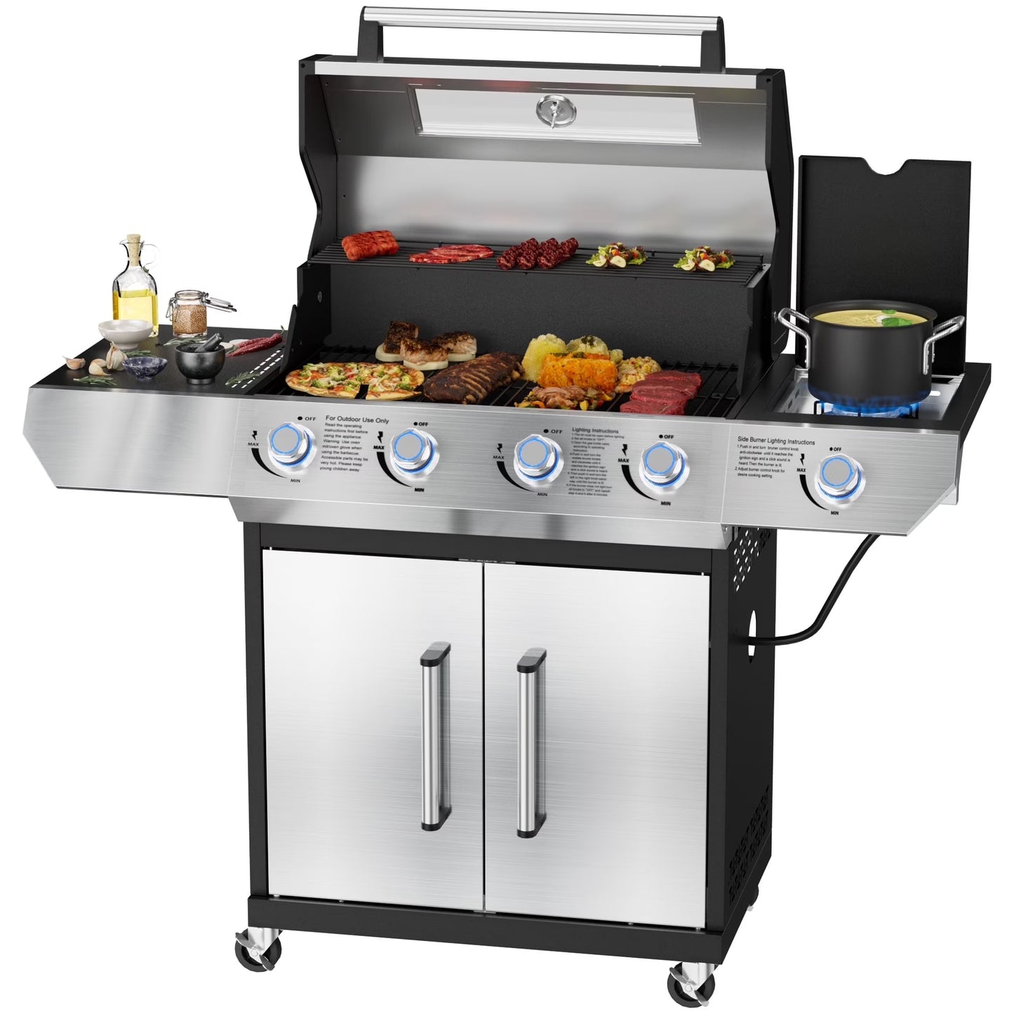SKOK 4 Burner Propane Gas BBQ Grill with Side Burner, 58000 BTU Output for Outdoor Cooking Kitchen and Patio Backyard Barbecue