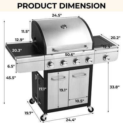 Pirecart 4 Burner Propane Gas Grill Stainless Steel BBQ Grill with 12,000 BTU Side Burner for Outdoor Cooking Kitchen and Patio Backyard Barbecue