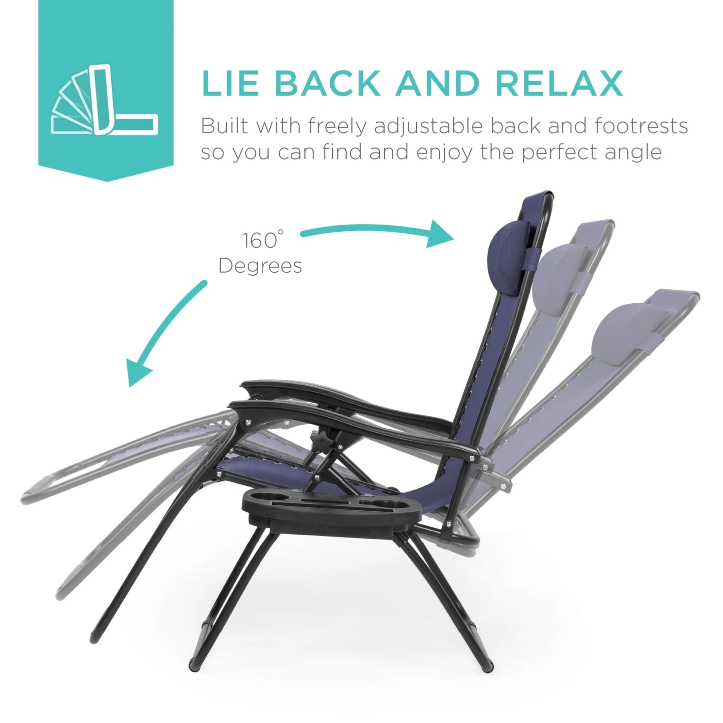 Best Choice Products Set of 2 Zero Gravity Lounge Chair Recliners for Patio, Pool w/Cup Holder Tray - Navy Blue