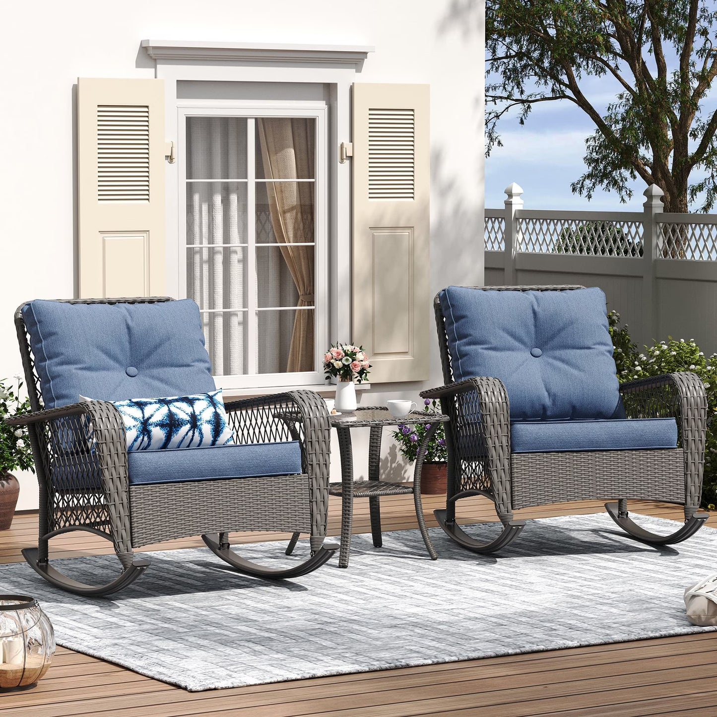 ELPOSUN 3-Piece Outdoor Rocking Chairs, Wicker Patio Furniture with Thickened Cushions and Table for Porch