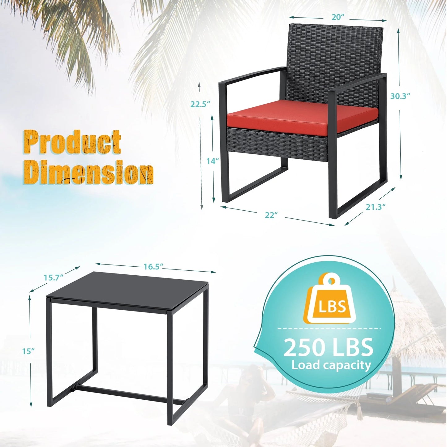Lacoo 3 Pieces Patio Indoor Conversation Set Cushioned PE Rattan Bistro Chairs Set of 2 with Coffee Table, Black/Red