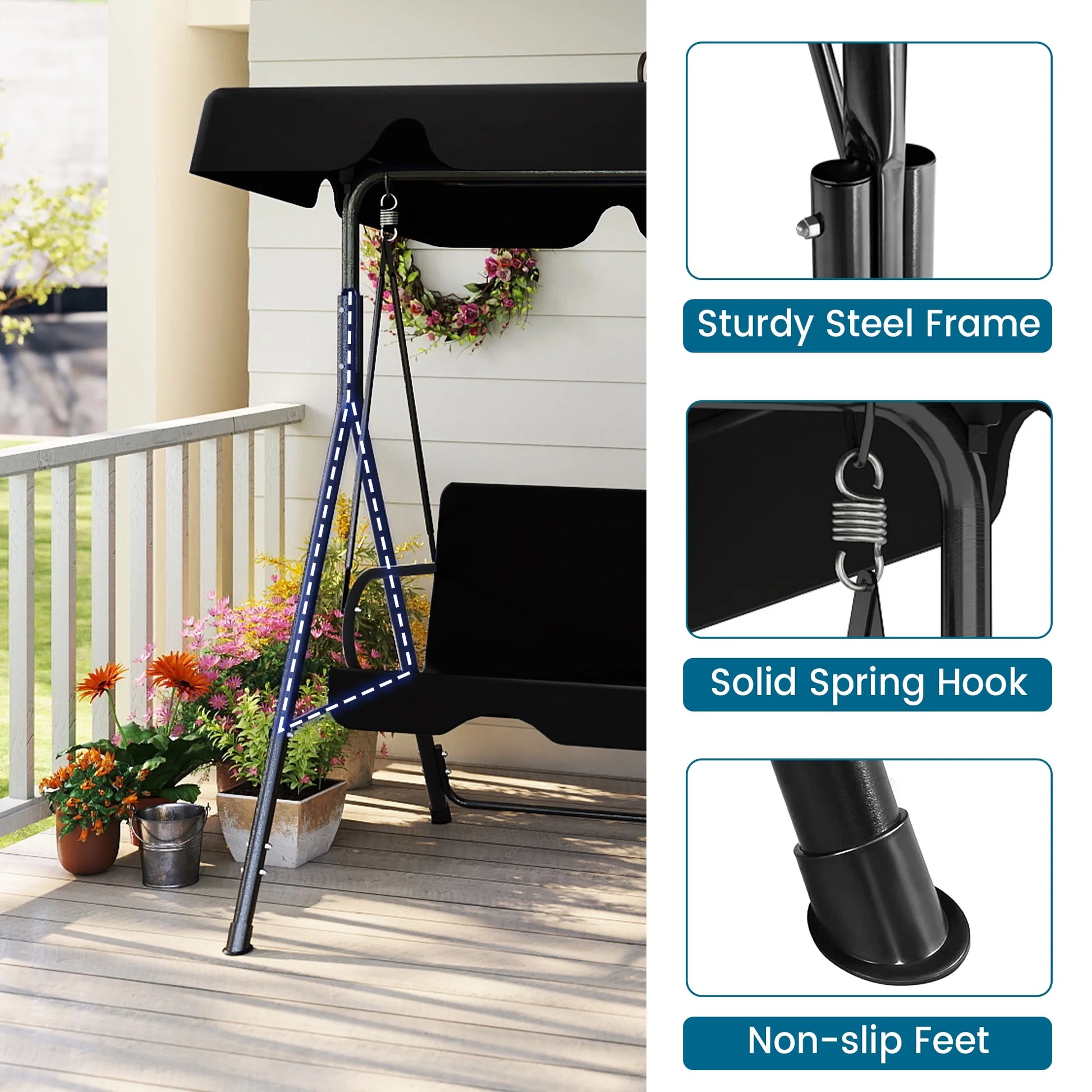 Melocadol 3 Seats Outdoor Porch Swing Glider, Patio Swing Chair with All Weather Covered Canopy and Rust Proof Heavy Duty Stand, for Garden, Lawn, or Backyard, Black