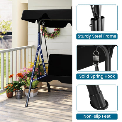 Melocadol 3 Seats Outdoor Porch Swing Glider, Patio Swing Chair with All Weather Covered Canopy and Rust Proof Heavy Duty Stand, for Garden, Lawn, or Backyard, Black