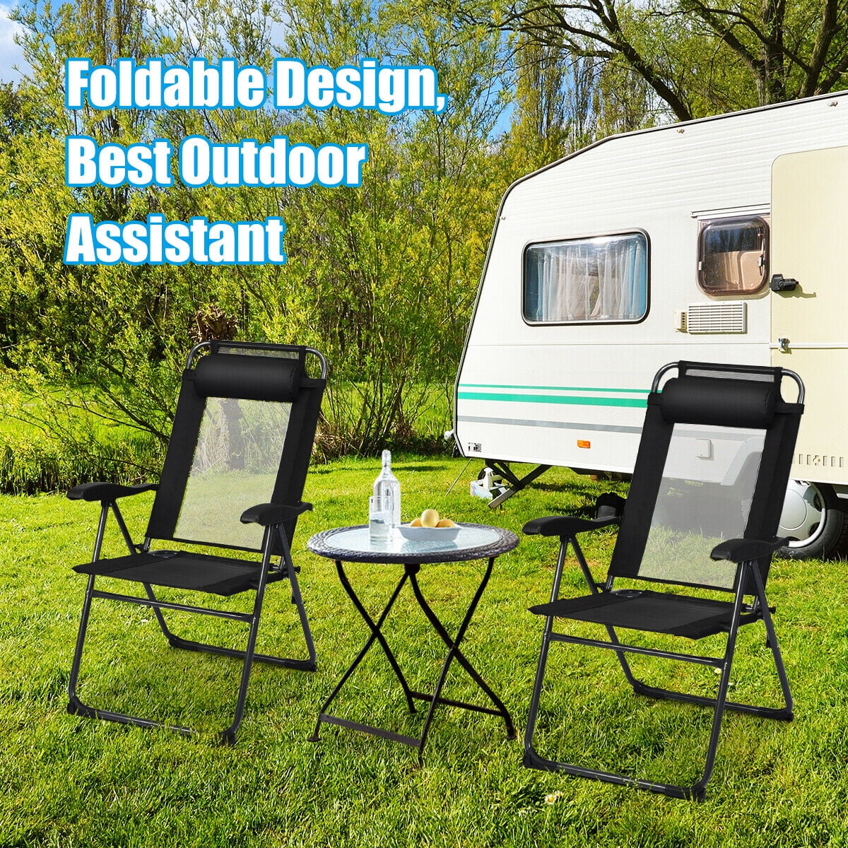 Gymax 2PC Folding Chairs Adjustable Reclining Chairs with Headrest Patio Garden Black
