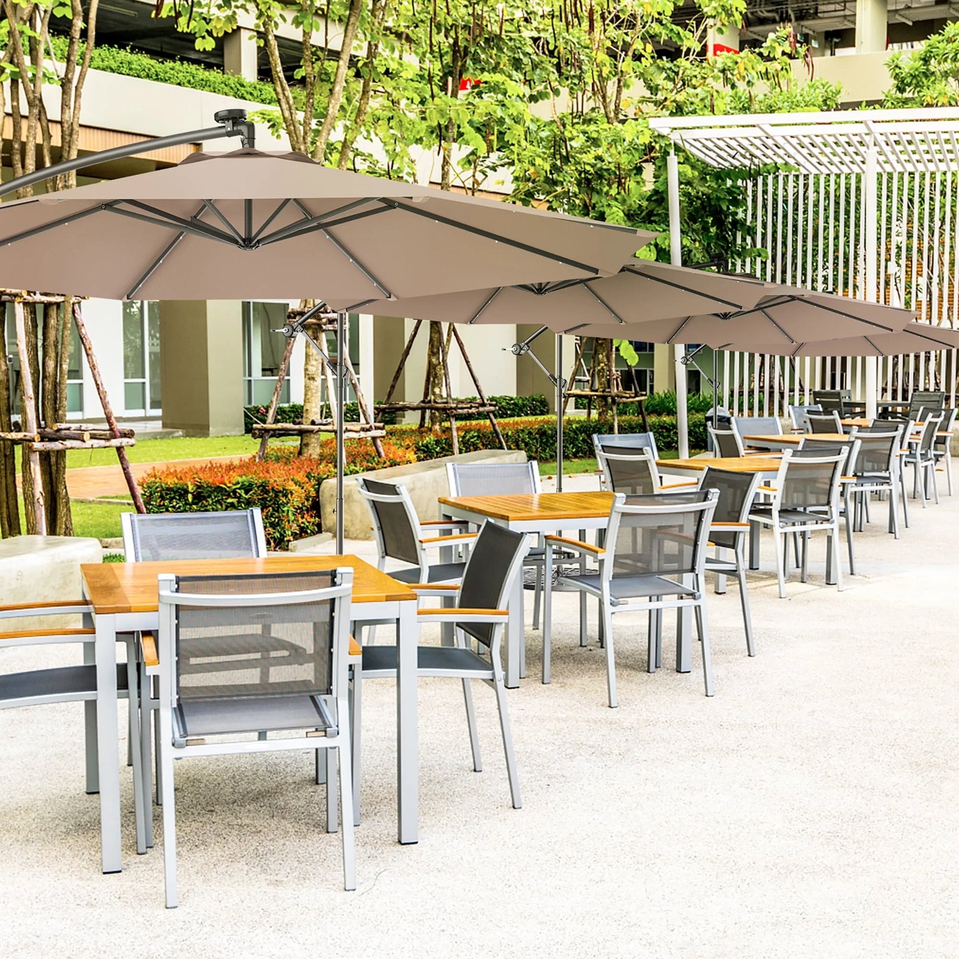Costway 10' Hanging Solar LED Umbrella Patio Sun Shade Offset Market W/Base Tan