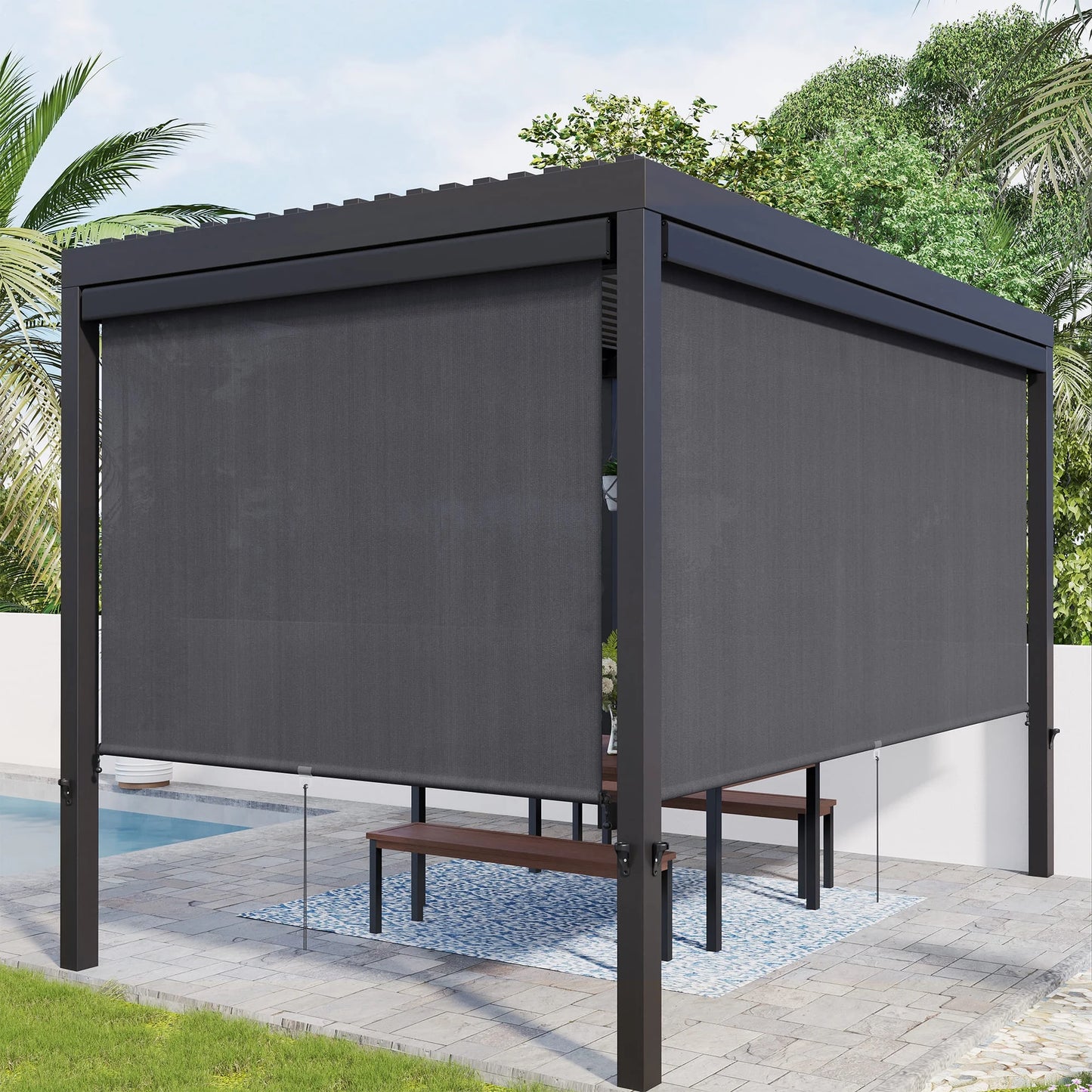 Vicllax Outdoor Patio Blinds Sun Shades Spring Roller Shade with Valance for Patio, Gray, 8'Wx8'H