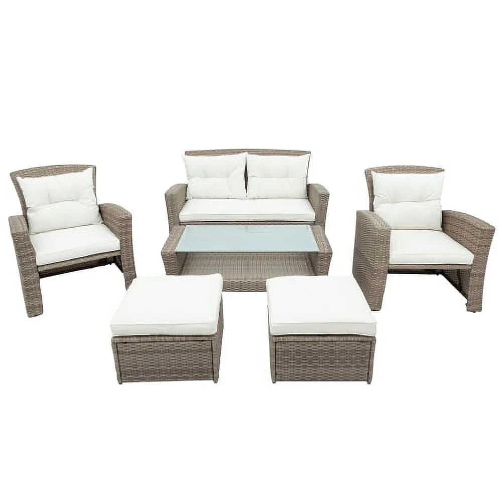 Harper & Bright Designs 4 Pieces Patio Wicker Chair with Ottoman and Coffee Table, Outdoor Rattan Loveseat Sectional Sofa Furniture Set for Garden, Beige Cushions