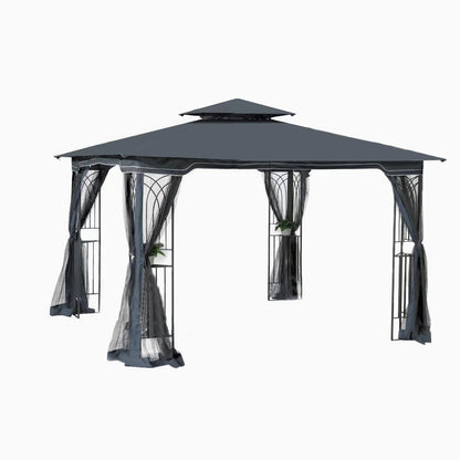 Perfect Garden 13x10ft Patio Gazebo, Metal Frame with Double Roof and Mosquito Net, Brown