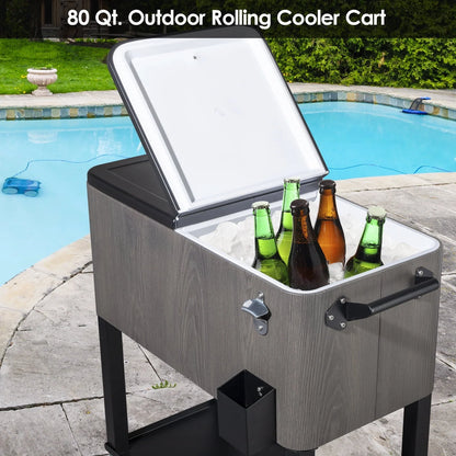SamyoHome Cooler Cart 80QT Frozen Function with Shelf Wood Grain Accent Patio Ice Chest Gray