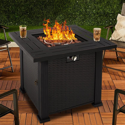 SEGMART 28'' Outdoor Gas Fire Pit Table, 40,000 BTU Propane Patio Heater with Lid and Lava Rocks, Propane Fire Pit Table with Auto-Ignition for Garden Patio Backyard Picnic