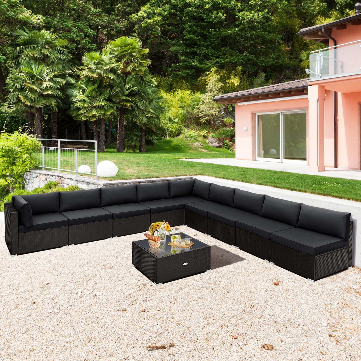 Costway 10 PCS Patio Rattan Furniture Set Outdoor Wicker Sofa Table Cushioned Seat Beige