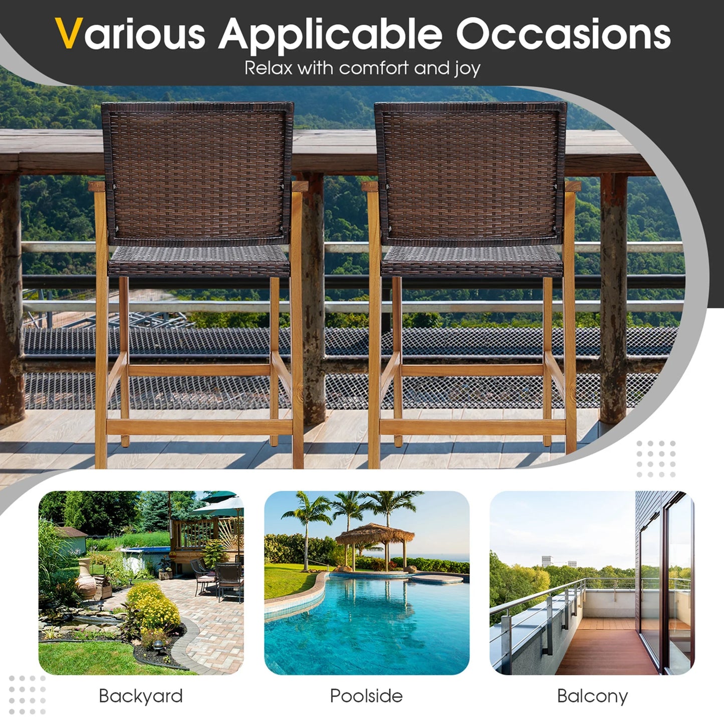 Costway 4PCS Patio PE Wicker Bar Chairs Height Barstools with Acacia Wood Armrests Balcony