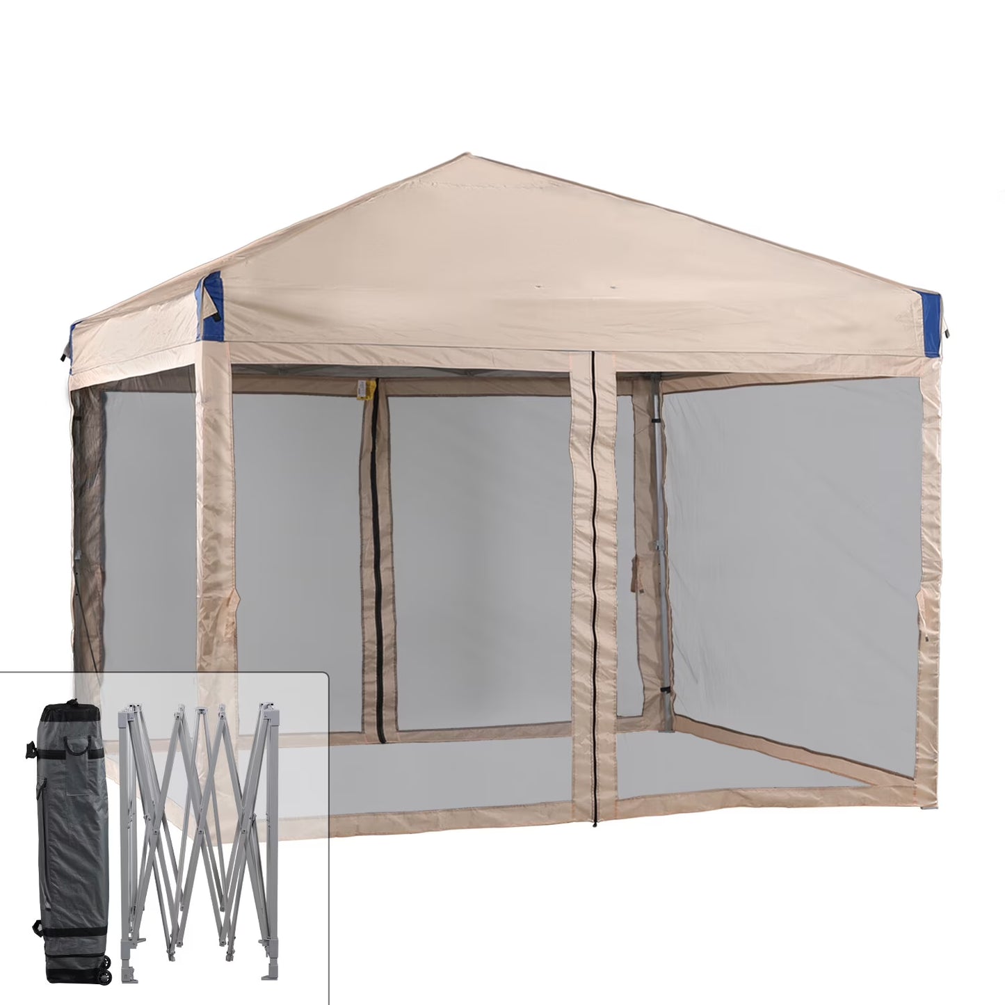 YUONAO 10x10 ft Pop Up Canopy Tent with Mesh Sidewalls, Portable Outdoor Shade Tent, Waterproof UV-Resistant Folding Gazebo for Backyard, Patio, Camping, Party(Beige)