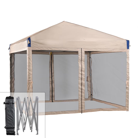 YUONAO 10x10 ft Pop Up Canopy Tent with Mesh Sidewalls, Portable Outdoor Shade Tent, Waterproof UV-Resistant Folding Gazebo for Backyard, Patio, Camping, Party(Beige)