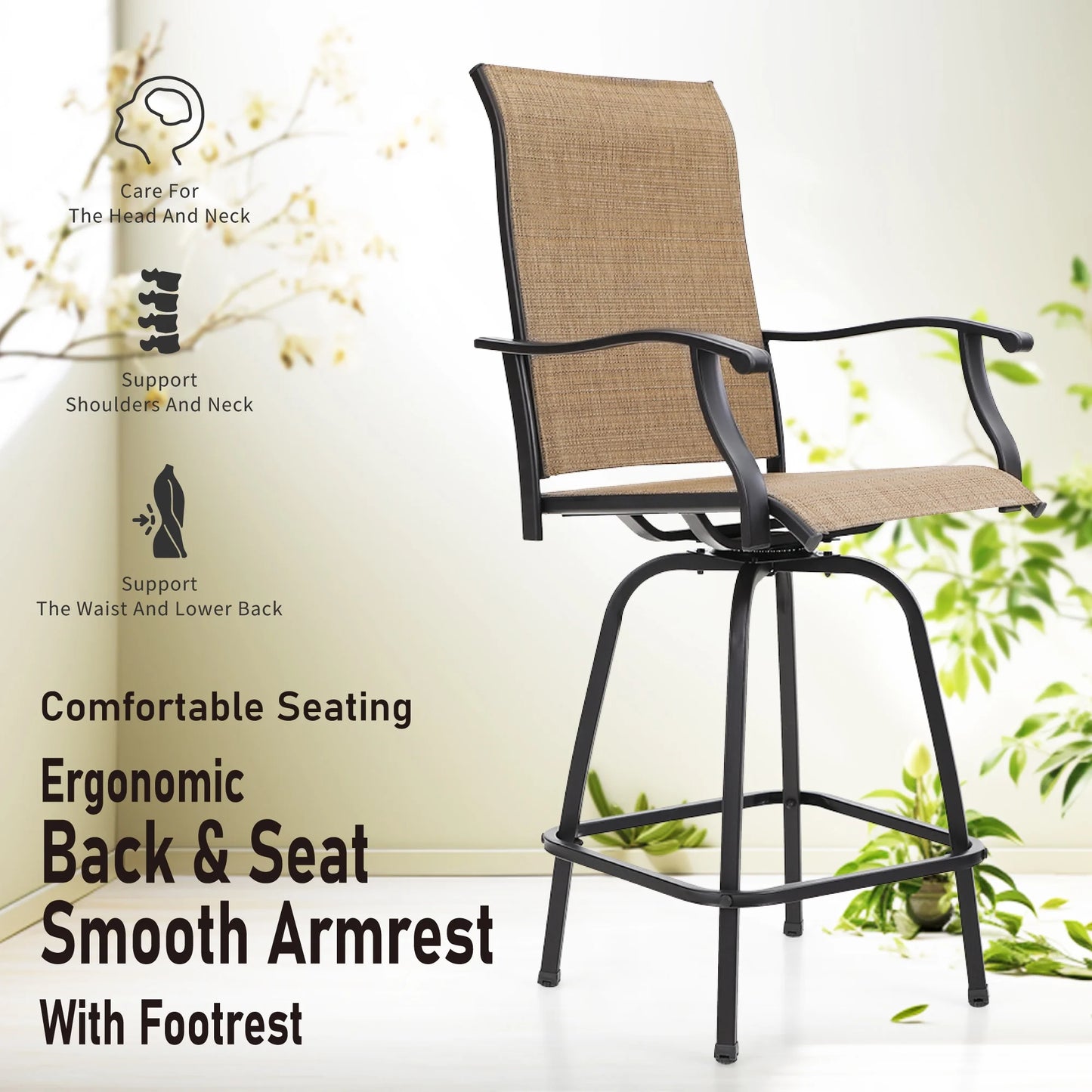 Summit Living 2-Piece High Top Outdoor Swivel Bar Stools, Patio Metal Frame Counter Height Chairs with Quick-Dry Textilene, Black & Brown
