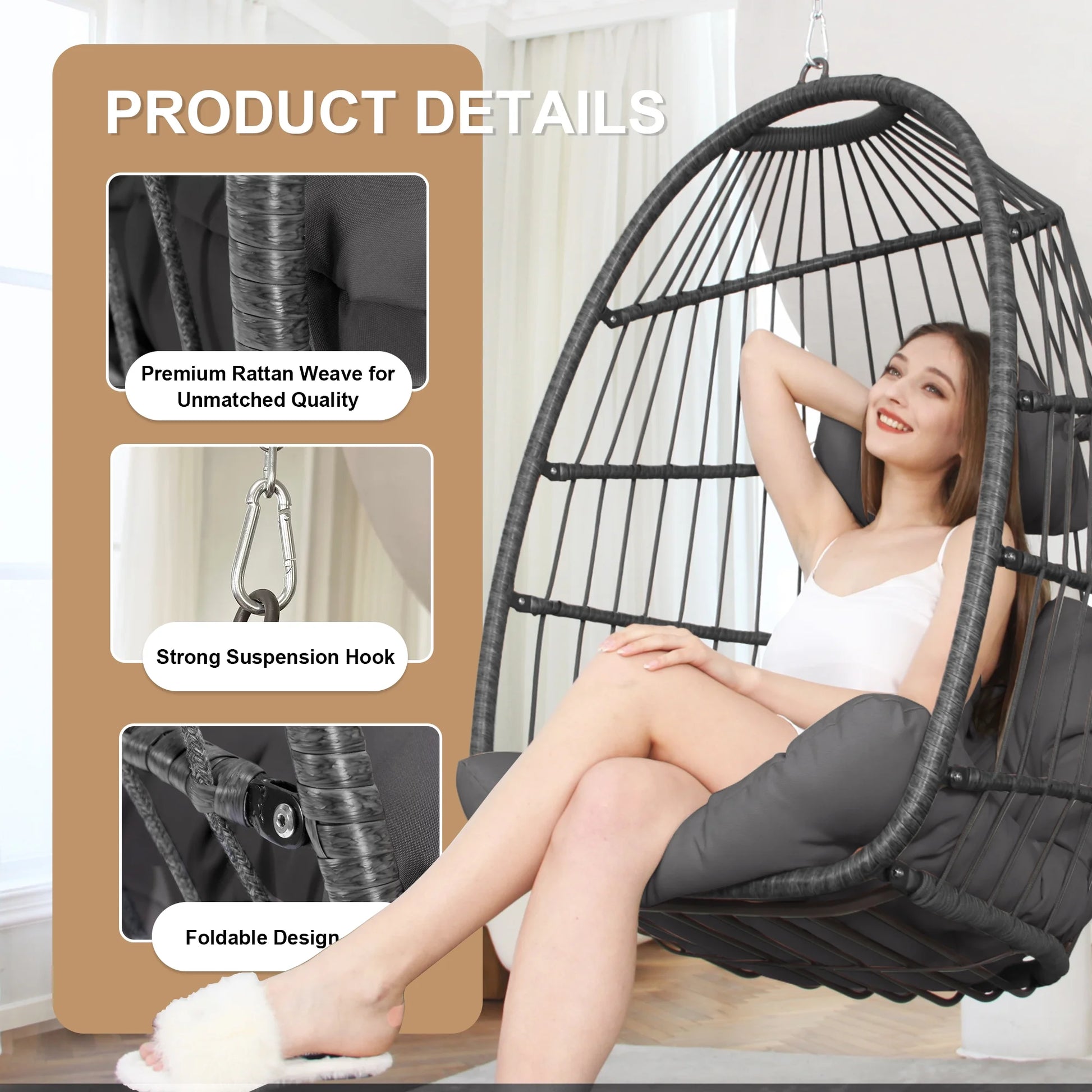 RADIATA Hanging Egg Chair Without Stand, Dark Gray Wicker Swing Egg Chair with Cushion, 350 lbs Capacity, Indoor Outdoor Ceiling or Tree Hanging Chair for Patio, Bedroom, Porch