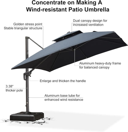 PURPLE LEAF Outdoor Cantilever Umbrella 10' X 13' Rectangle Umbrella Large Patio Umbrella Windproof Heavy Duty Hanging Offset Umbrella for Garden Outdoor Pool, Dark Grey