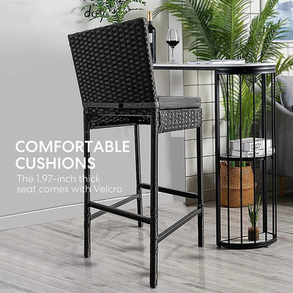 VIVOHOME Outdoor Wicker Bar Stools Set of 2, Patio Rattan Furniture with Cushions, Black