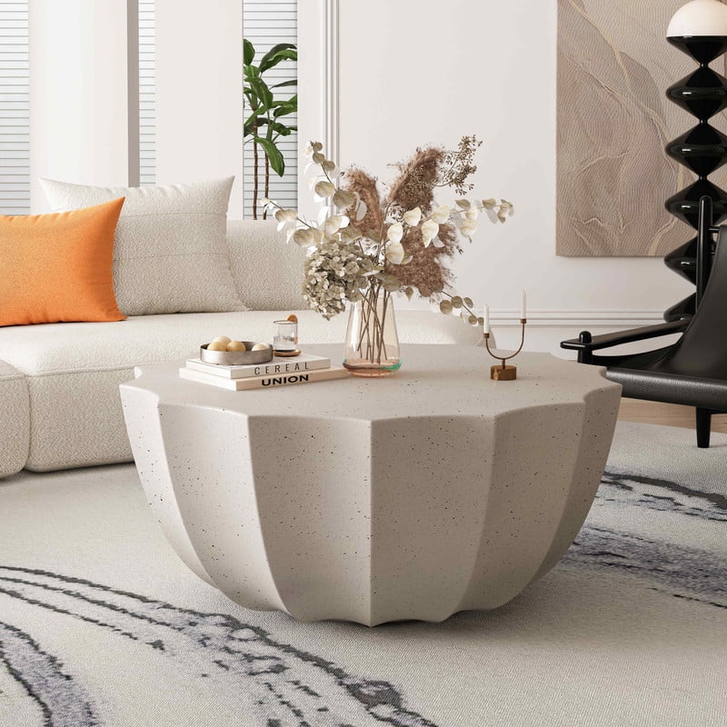 FFH 35.43" Coffee Table for Indoor & Outdoor, Modern Cement Table for Living Room, Patio, Backyards, White