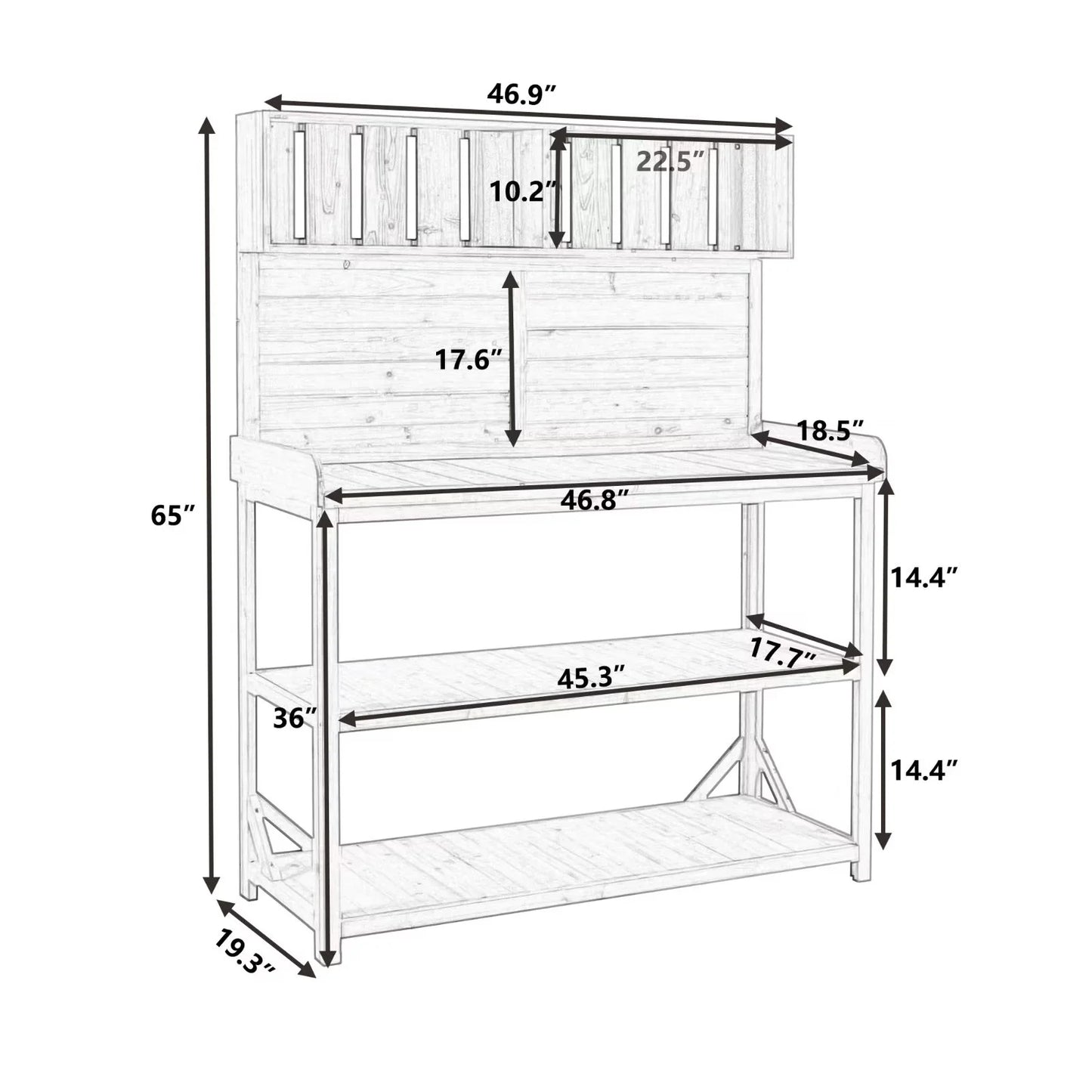 65" Outdoor Potting Bench Table, Farmhouse Wooden Garden Patio Workstation with 4 Storage Shelves and 3 Side Hooks, Multifunctional Potting Planting Table for Mudroom, Backyard, Natural
