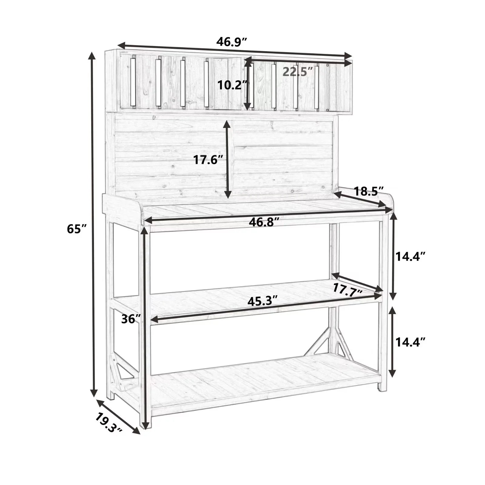 65" Outdoor Potting Bench Table, Farmhouse Wooden Garden Patio Workstation with 4 Storage Shelves and 3 Side Hooks, Multifunctional Potting Planting Table for Mudroom, Backyard, Natural