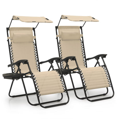 MoNiBloom Zero Gravity Chairs Set of 2, Folding Outdoor Patio Beach Recliner with Canopy Shade & Headrest, Black