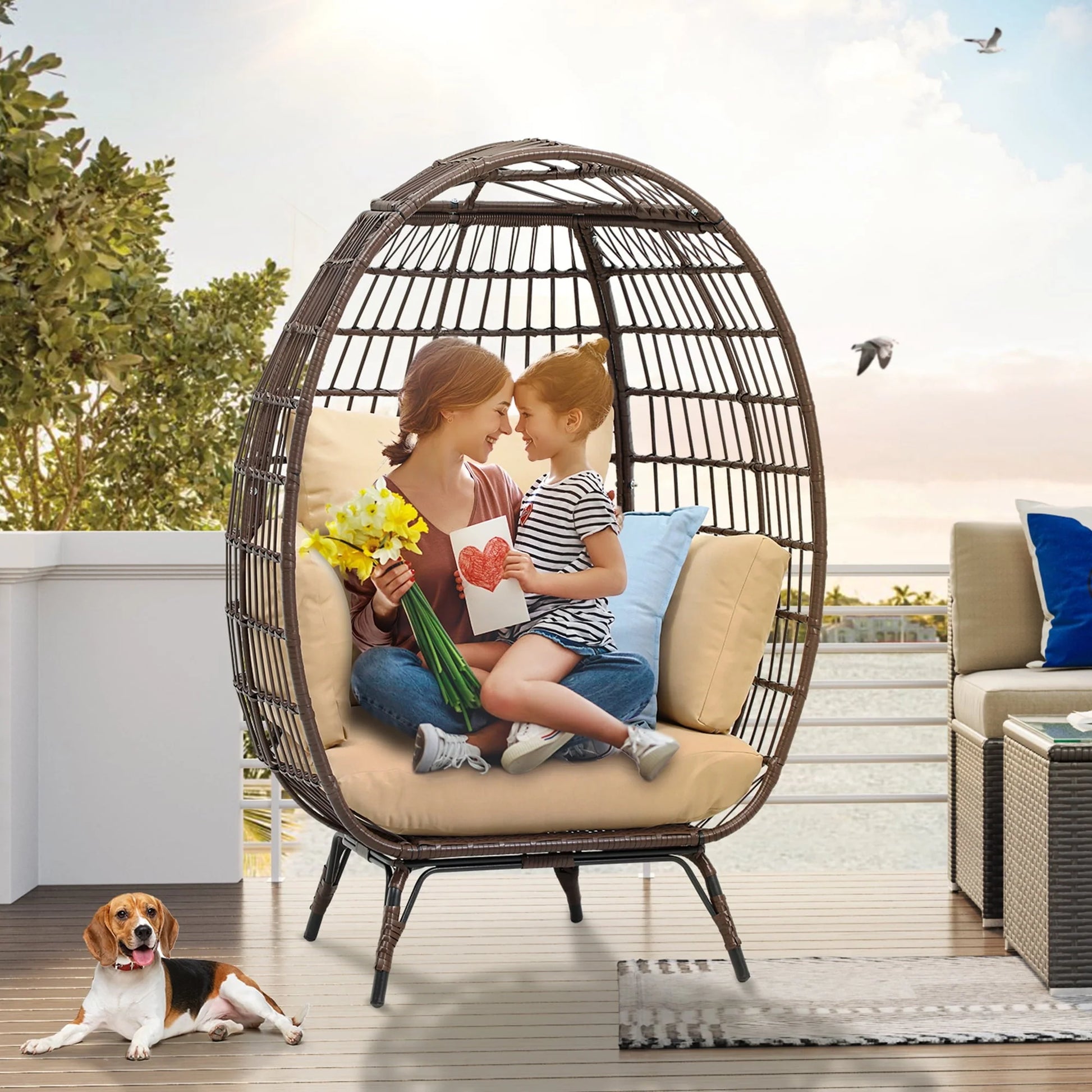 Dextrus Egg Chair Outdoor Egg Lounge Chair with Cushion Wicker Chair PE Rattan Chair for Patio, Garden, Backyard, Porch-Beige