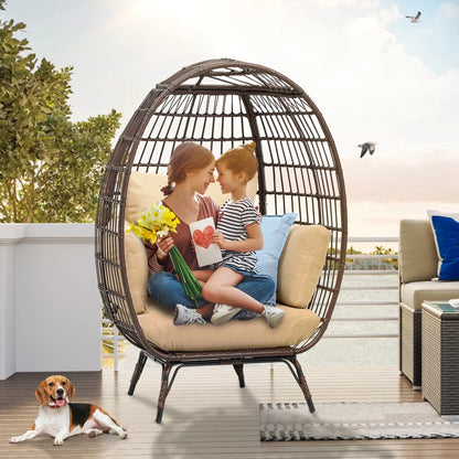 Dextrus Egg Chair Outdoor Egg Lounge Chair with Cushion Wicker Chair PE Rattan Chair for Patio, Garden, Backyard, Porch-Beige