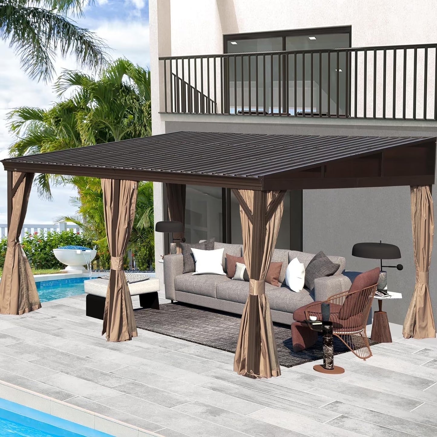 Domi Outdoor Living 10' x 12' Hardtop Lean-to Gazebo, Wall-Mounted with Galvanized Steel Roof Wall Pergola with Aluminum Frame, Curtains and Netting, for Patio, Deck, Garden, Backyard