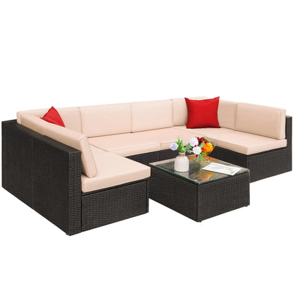 LACOO 7 Pieces Patio Conversation Set Outdoor Sectional Sofa Set PE Rattan, Beige