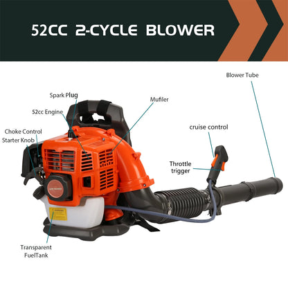 Birinta 1 Set Leaf Blower Backpack Style 52CC Two-stroke 1.25 KW Adjustable Tube Gas Powered Dust Blower Supplies for Garden Patio Cleaning, Lawn Care, Blowing Leaves and Dust