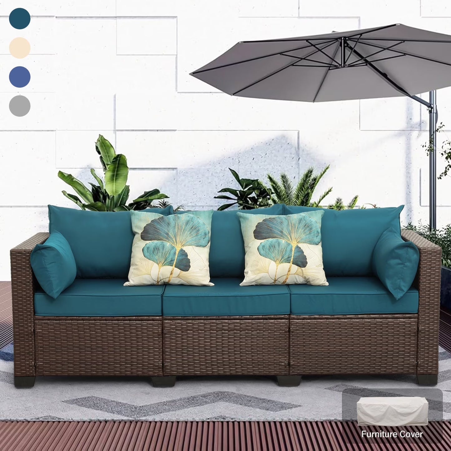 3-Seat Patio Wicker Sofa Outdoor Rattan Couch Furniture Steel Frame with High Back NO-Slip Cushioned, Blue