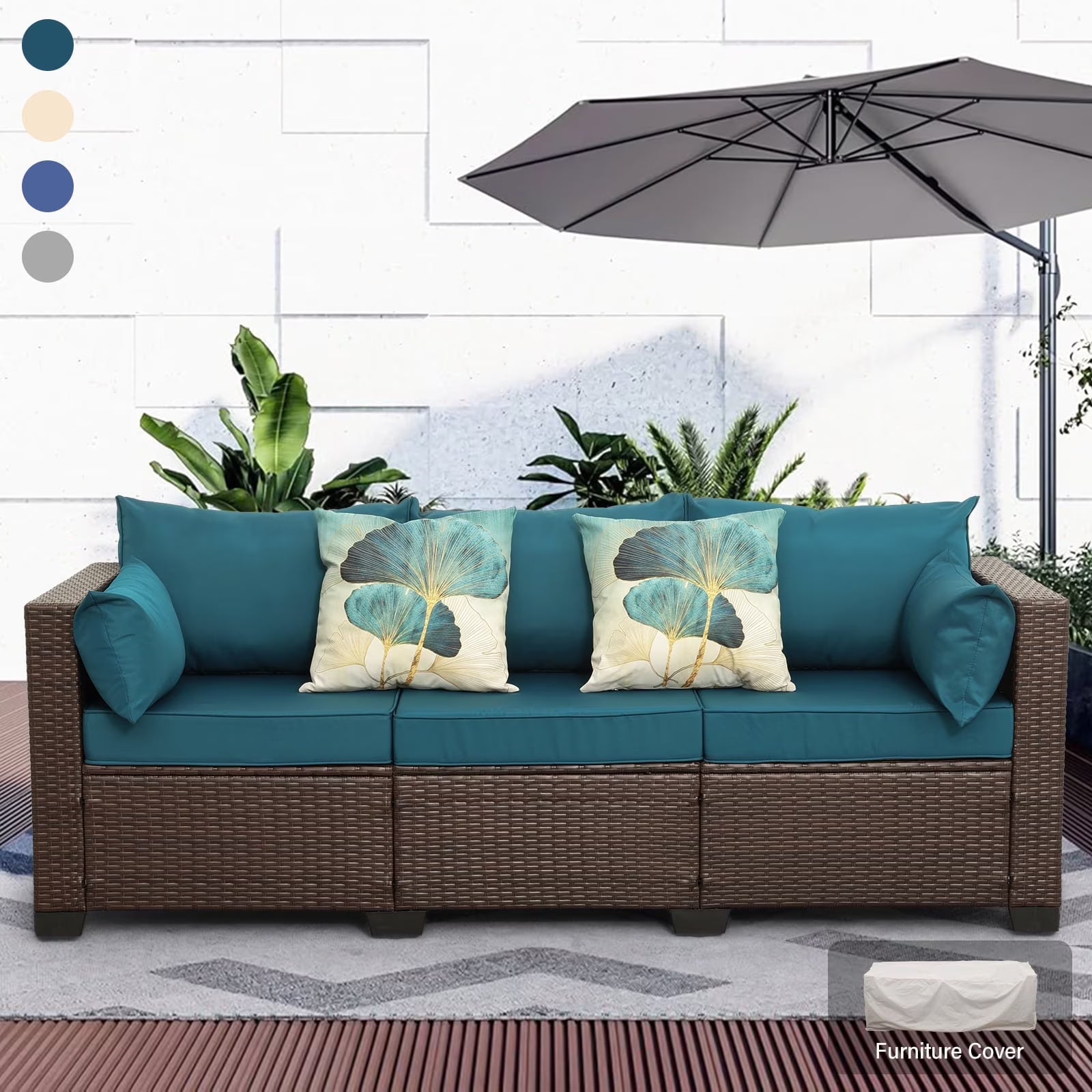 3-Seat Patio Wicker Sofa Outdoor Rattan Couch Furniture Steel Frame with High Back NO-Slip Cushioned, Blue