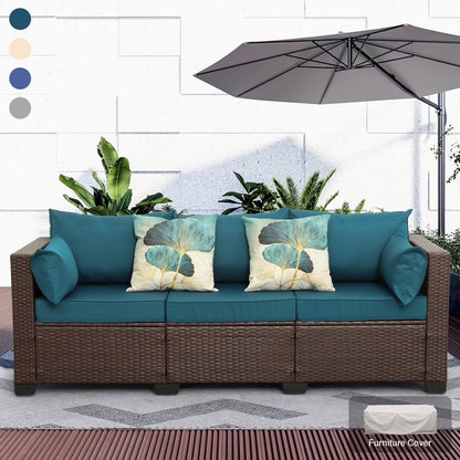 3-Seat Patio Wicker Sofa Outdoor Rattan Couch Furniture Steel Frame with High Back NO-Slip Cushioned, Blue
