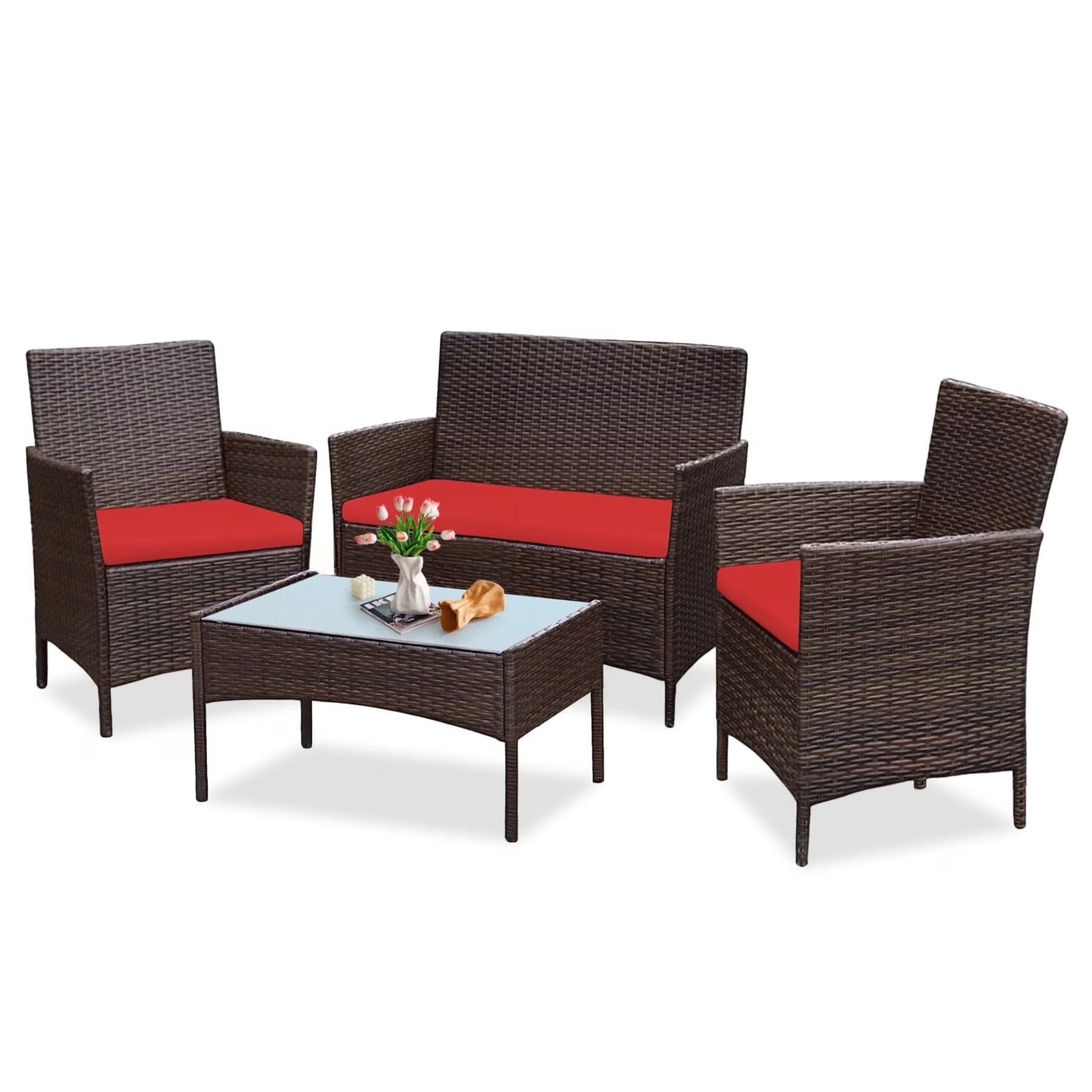 Tappio 4 Piece Patio Conversation Wicker Furniture Set, Porch Furniture Outdoor Sectional Furniture Set w/Coffee Table & Cushions Wicker Sofa Garden Conversation Set for Yard Pool Backyard,Black/Red