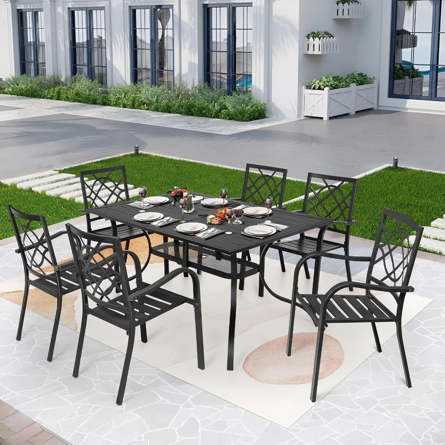 SUNCROWN 7-Piece Outdoor Wrought Iron Chairs and Table Patio Dining Furniture Set - 6 Stackable Metal Chairs, 1 Steel Slat Bistro Table and 1 Brown 9Ft Patio Umbrella for Garden Backyard Deck