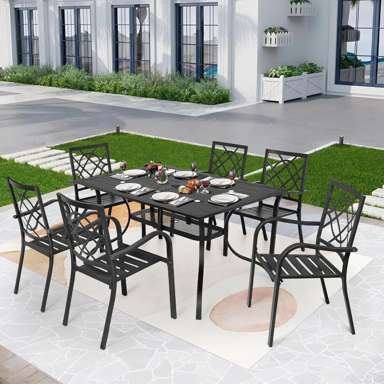 SUNCROWN 7-Piece Outdoor Wrought Iron Chairs and Table Patio Dining Furniture Set - 6 Stackable Metal Chairs, 1 Steel Slat Bistro Table and 1 Brown 9Ft Patio Umbrella for Garden Backyard Deck