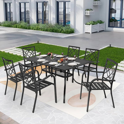 SUNCROWN 7-Piece Outdoor Wrought Iron Chairs and Table Patio Dining Furniture Set - 6 Stackable Metal Chairs, 1 Steel Slat Bistro Table and 1 Brown 9Ft Patio Umbrella for Garden Backyard Deck