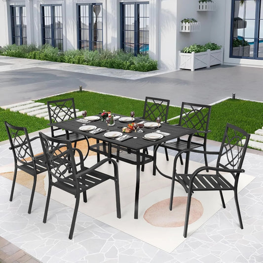 SUNCROWN 7-Piece Outdoor Wrought Iron Chairs and Table Patio Dining Furniture Set - 6 Stackable Metal Chairs, 1 Steel Slat Bistro Table and 1 Brown 9Ft Patio Umbrella for Garden Backyard Deck