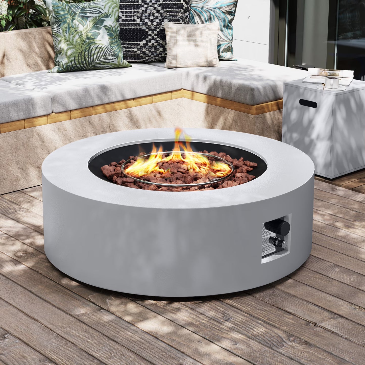 UPHA 56-inch Outdoor Propane Rectangle Fire Pit Table 50000 BTU Iron Gas FirePit for Outside Patio with Tank Cover, Removable Lid, Lava Rocks, Rain Cover, Grey